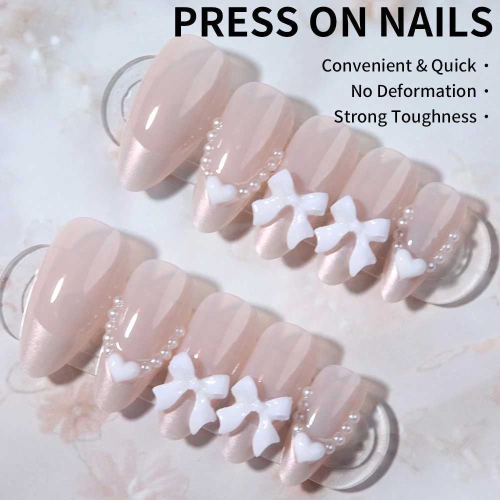 24 pieces of medium to short fake nails pink diamond nails 3D white bow pearl love design Y2K nail press suitable for women W240905