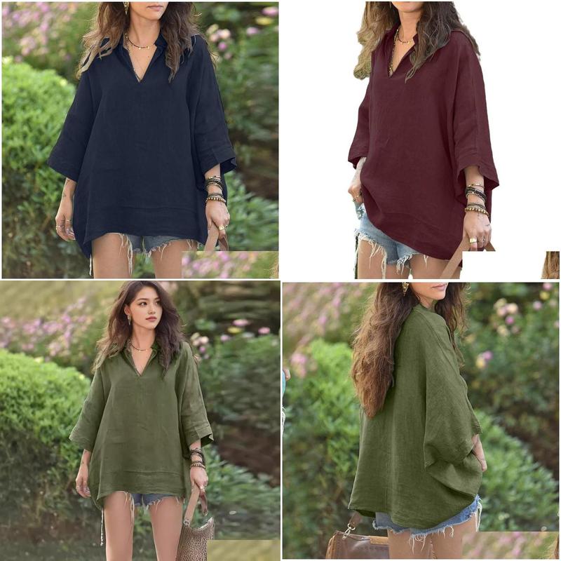 Womens T-Shirt Ddmytoys 2024 Autumn Product Vneck Lapel Color Mid Sleeve Cotton And En Bat Shirt F090536 Drop Delivery Apparel Cloth Dhmho