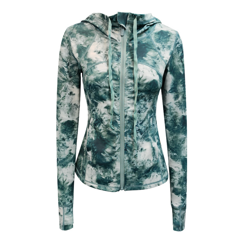Yoga suit for women in autumn winter, new tie dyed printed hooded jacket, sports and fiess long sleeved zippered cardigan top