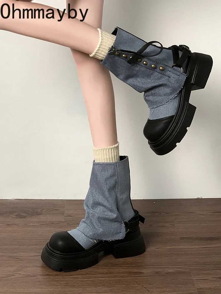 Designer Womens Short and Fat Denim Short Boots Fashion Platform High Heels Boots Womens Comfortable Shoes CL240906