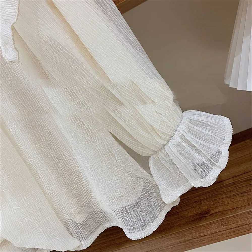 Girls Blouses Spring Chiffon Long Sleeve Preppy Cute Kids Beige Shirts Cotton Girls Clothes School Uniform Vestidos 6 8 10 Years Y240906