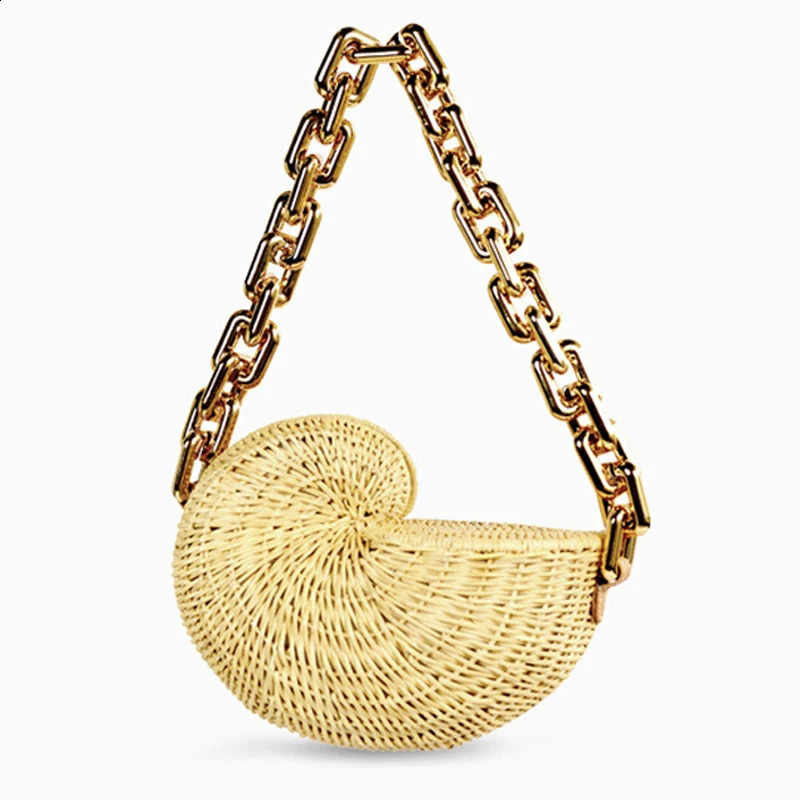 Fashion Thick Chains Rattan Conch Women Shoulder Bags Wicker Woven Handbags Summer Beach Straw Bag Bali Purse 240905