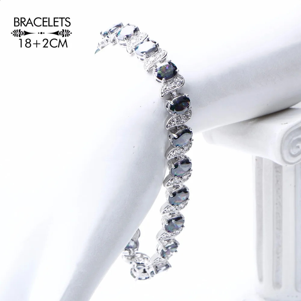 Natural Rainbow Jewelry Set 925 Pure Silver Stone Womens Wedding Earrings Bracelet Ring Set Gift Box 240906