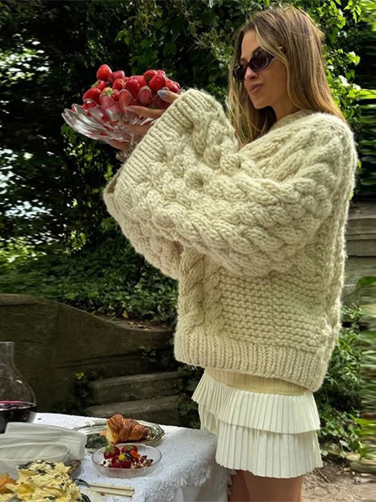 Oversized Knitted Floral Womens Casual Lazy Round Neck Twisted Solid Sweater Autumn Winter Loose Sleeve Women 240905