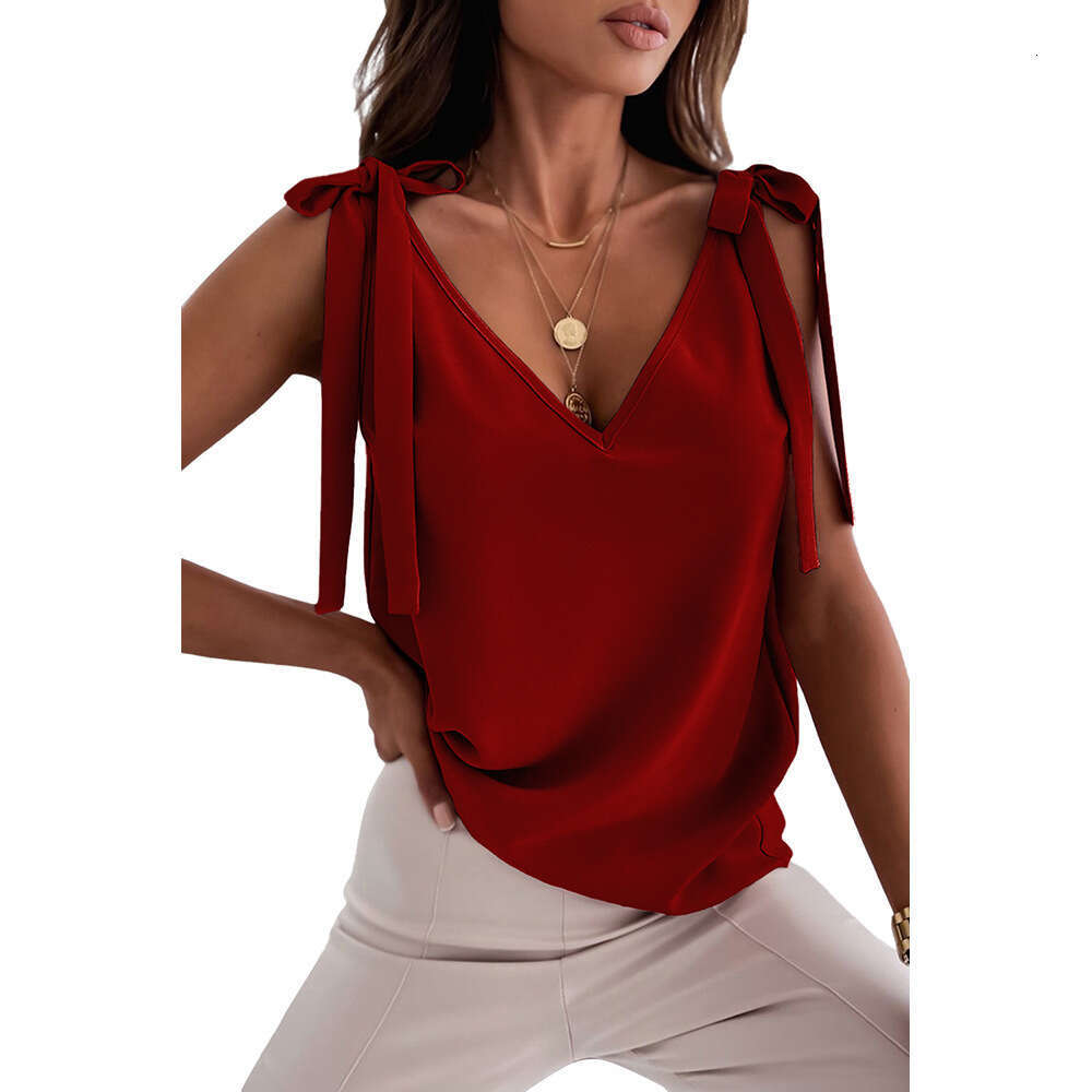2024 Shoulder Bow Strap Small Tank Women's Summer Sweet V-neck Top