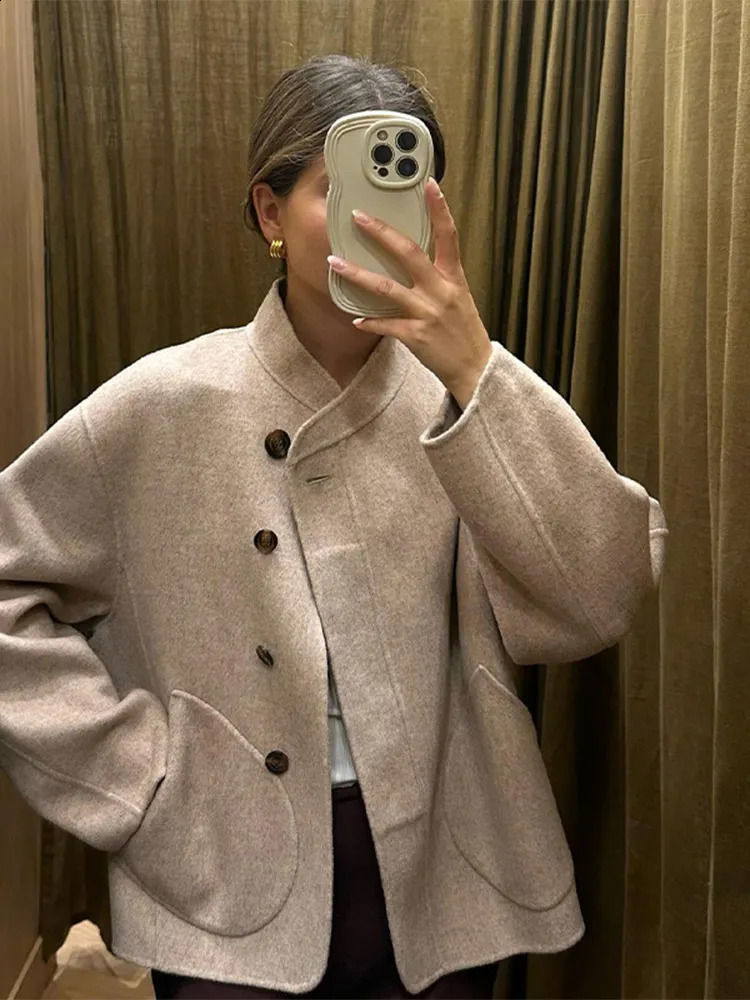 Casual Stand Up Collar Single Breasted Womens Woolen Coat Solid Color Pocket Long Sleeved Jacket High Street Ladies Coats 240904