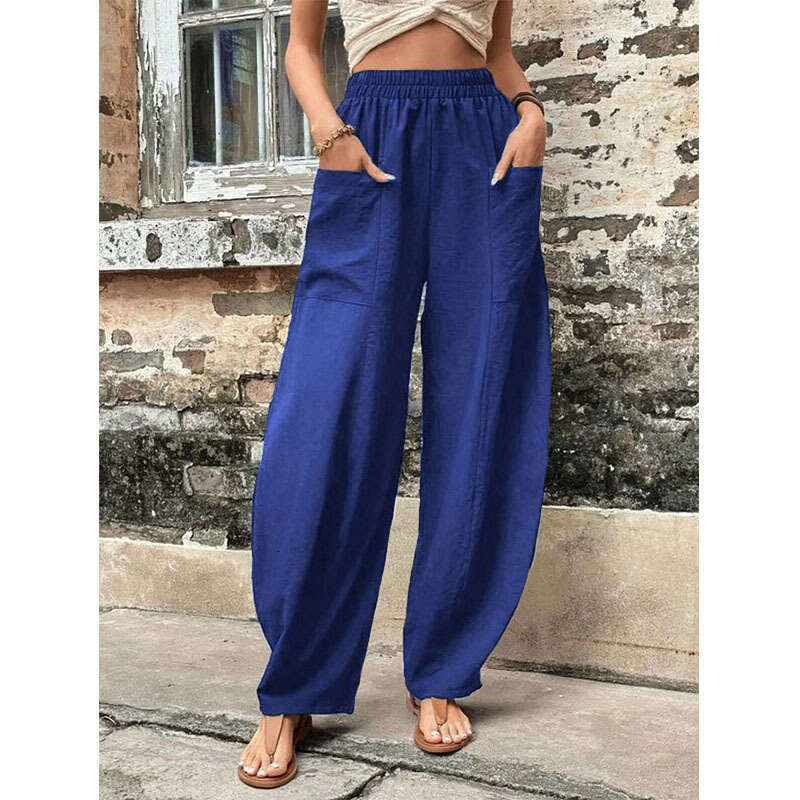 2024 Solid color pockets Women's casual Elastic Long pants