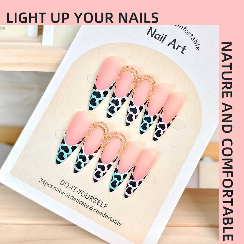 Almond Shaped Handmade Wear Colored Matte Leopard print Pearl Hot Girl French Holiday Nail Tool Free Kit W240905