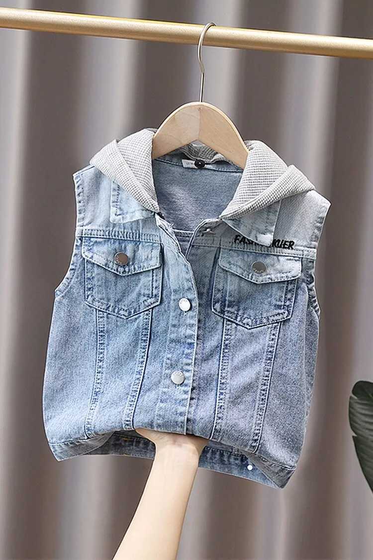 Kids Boys Fashion Jeans Vest Hooded Denim Jacket for Spring Autumn Letter Toddler Baby Boys Childrens Clothing Outfits 2-12y Y240906