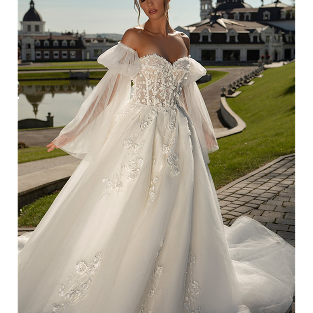 New Spaghetti Tulle A-line Wedding Dresses 2024 Illusion Bodice 3D Flowers Appliques Lace Sweep Train Princess Dress 04