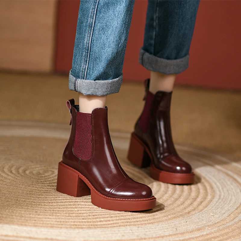 2024 Winter Genuine Leather Ankle Boots Womens Shoes Retro Round Toe Womens Shoes Platform Boots Womens Shoes Thick Boots CL240906