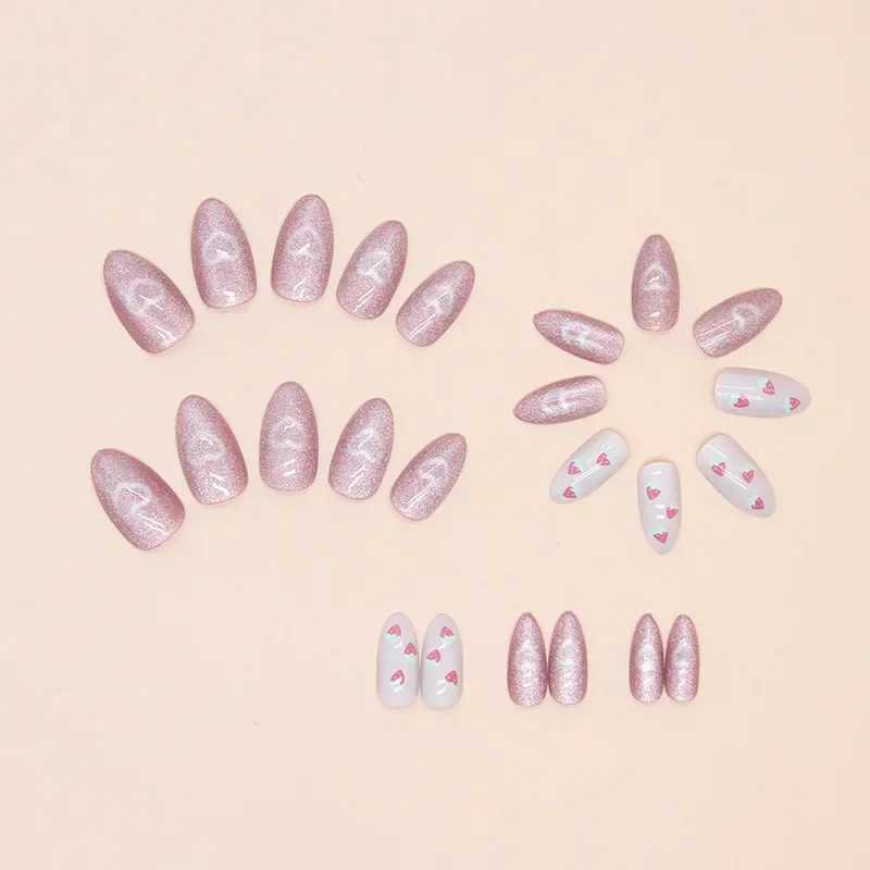 24 almond shaped pressed nails with cute strawberry heart design medium length pearl finish mixed shadows fake nails W240905
