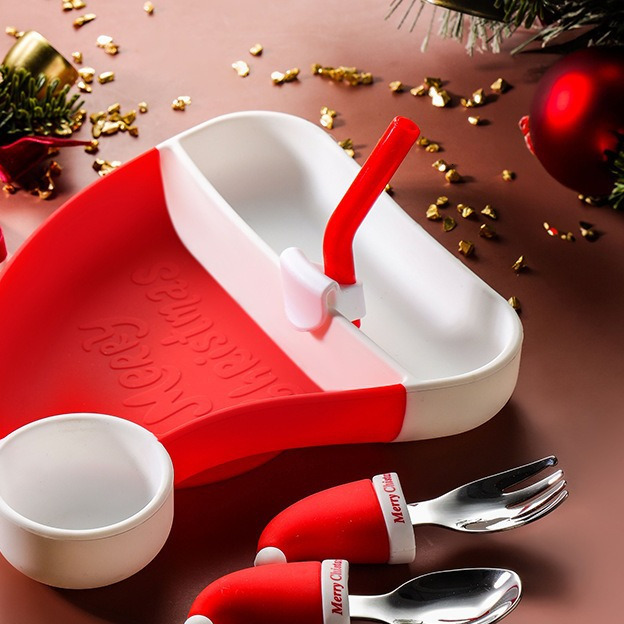 Children's silicone gift spoon, fork, feeding, separated complementary food tray, creative Christmas tray F27.03-09.06