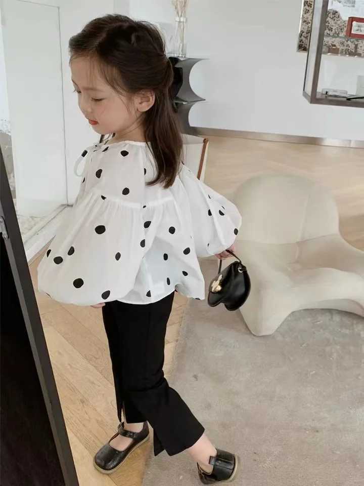 Girls Shirt 2023 Fall New Korean Baby Girl Doll Shirt Long-Sleeved Polka Dot Bubble Sleeve Blouse Y240906