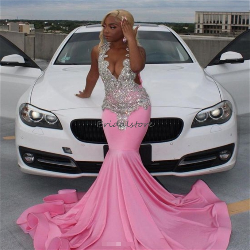 Baby Pink Crystal Prom Dress For Black Girls Elegant Mermaid Luxury Birthday Dress Sleeveless Customize Formal Party Gowns 2025 Masquerade Engagement 