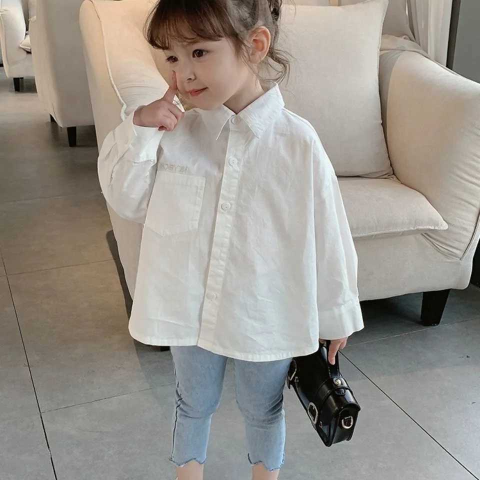 Spring and Autumn Girls Long Sleeve Shirt Baby Childrens Personality Korean Irregular Trendy White Shirt Y240906