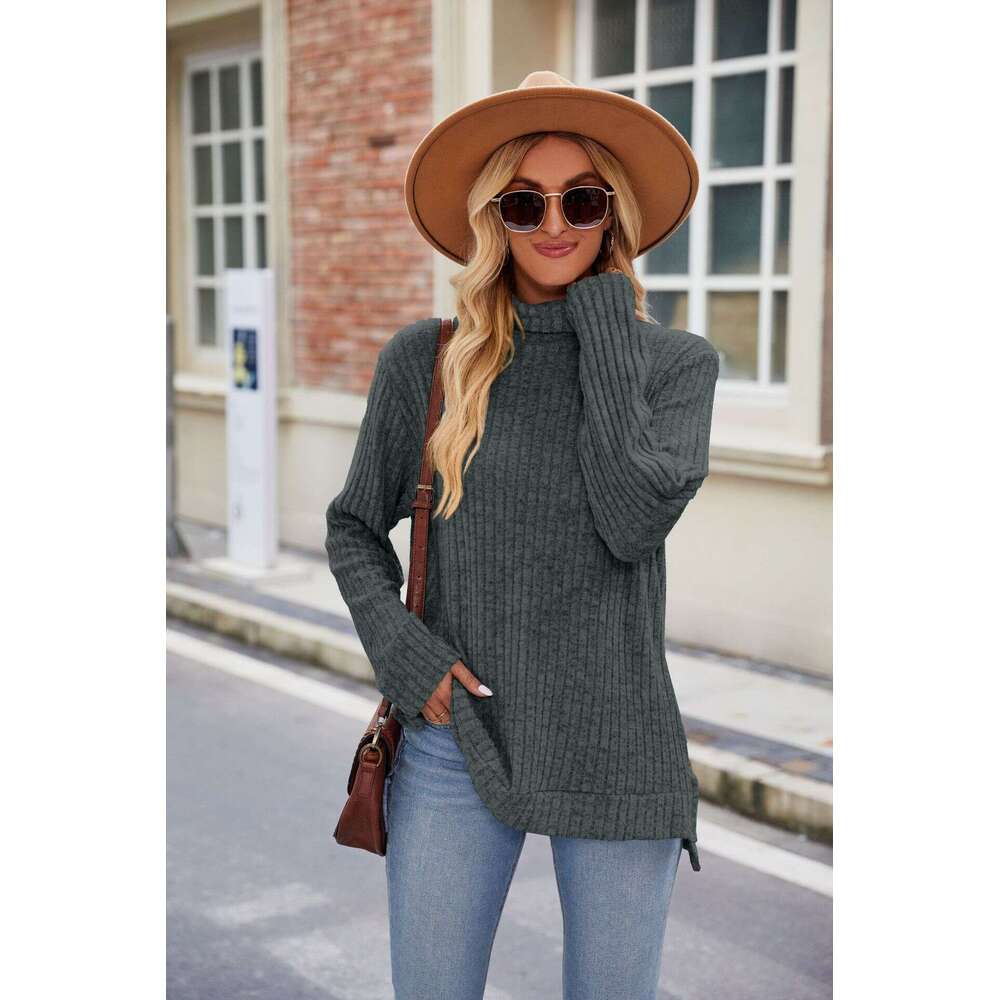 Autumn/Winter New High Neck Loose Long Sleeve Split T-shirt Top for Women