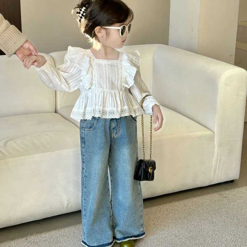2024 Autumn New Style Kids Girls Blouses Korean Fashion Lace Long Sleeve Shorts Square Collar Cotton Cute Sweet Infant Shirts Y240906