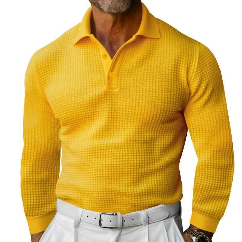 2024 New Business Casual Mens Polo Shirt Waffle Fabric Lapel Button Solid Color Long Sleeve Daily Simple Mens ClothingXJ240906