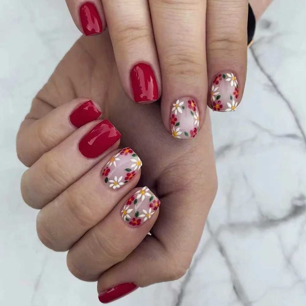 24 pieces of short square fake nails with floral design autumn and autumn patterns pressure machine on nails fully covered nail tips ballet fake nail 
