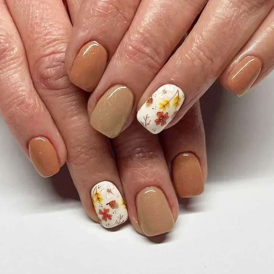 24 piece short press nail set with square shiny star design orange flower nail tips for autumn and winter fake nails womens clothing W240905