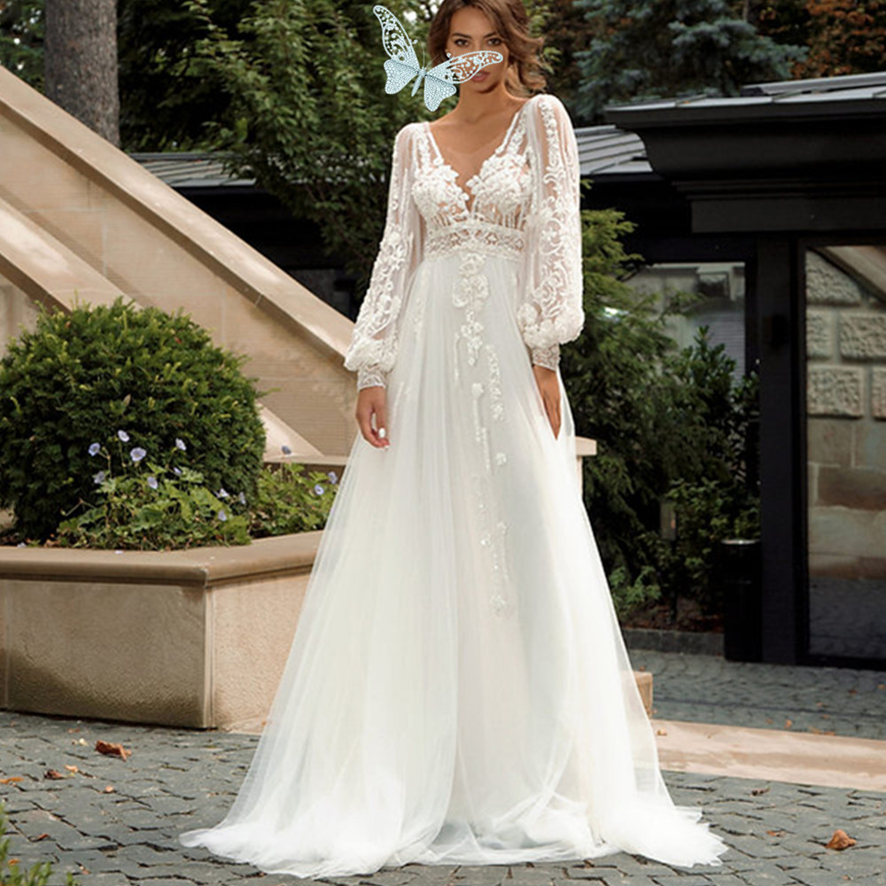 Plus Size Boho Dresses 2024 V Neck Beach Lace Wedding Gowns Elegant Bohemian Tulle A Line Bridal Dress Vestido De Novia 11