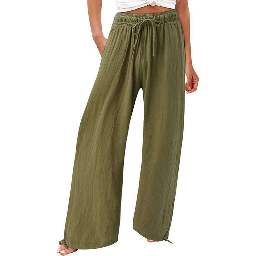2024 Summer TEMU Women's New Cotton Hemp Wide Leg Drawstring Beach Casual Pants for Women