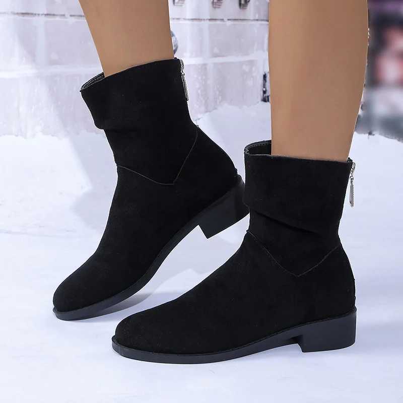 Artificial suede low foot ankle boots for women autumn and winter warm short boots for women 2024 round toe anti slip back zipper boots CL240906
