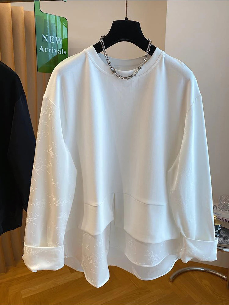 Autumn round neck Tshirt womens n sense niche long sleeved top unique splicing twopiece 240902