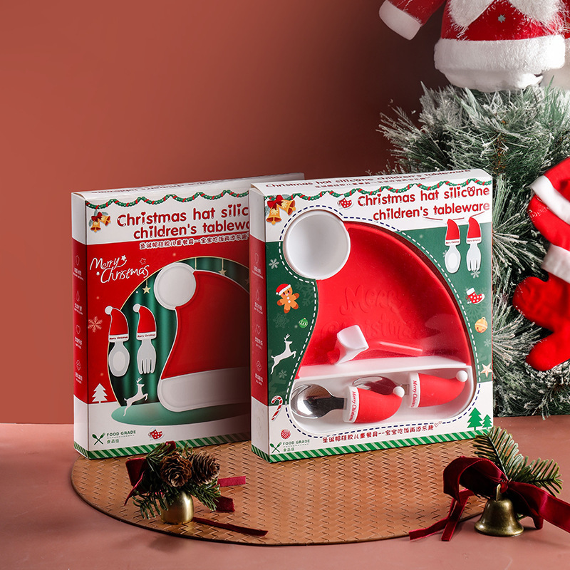 Children's silicone gift spoon, fork, feeding, separated complementary food tray, creative Christmas tray F27.03-09.06