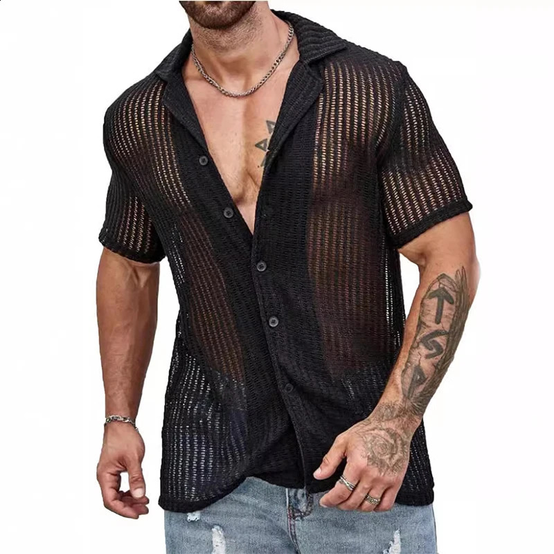 Streetwear Fashion Knitwear Mens Shirt Sexy See Through Knit Tops Men Summer Casual Button Lapel Short Sleeve Hollow Out Shirt 240906