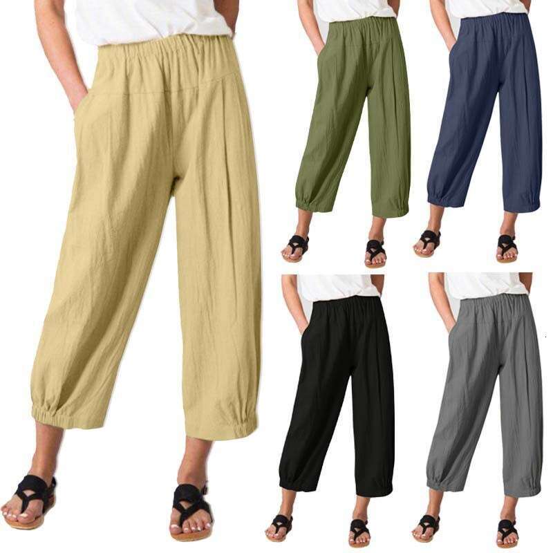 Summer loose cotton and linen pleated casual edition high waistband pocket Haren cropped pants for women