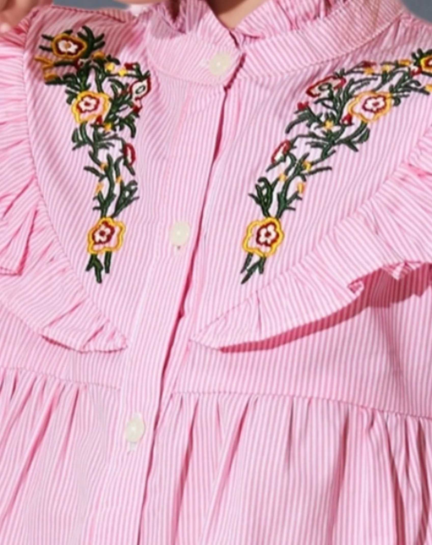 Spring and autumn sweet and lovely girl lace stand collar striped body flower shirt doll shirt long sleeve pink shirt novel top Y240906