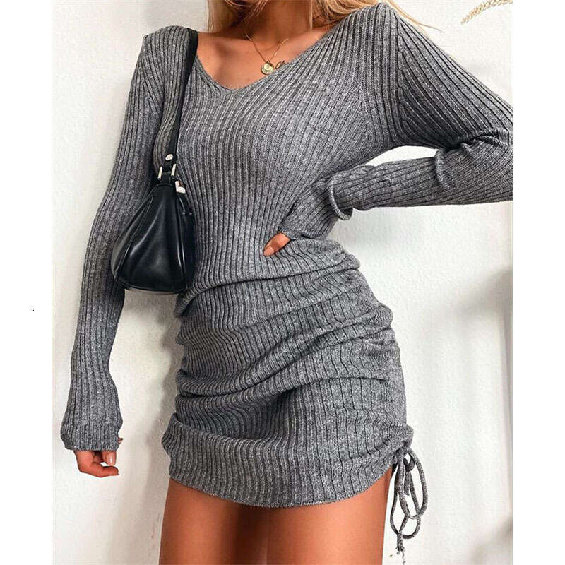 2023 Knitted Sweater V-neck Long Sleeve Autumn/Winter Sexy Slim Fit Threaded with Wrinkle Drawstring Bottom Skirt
