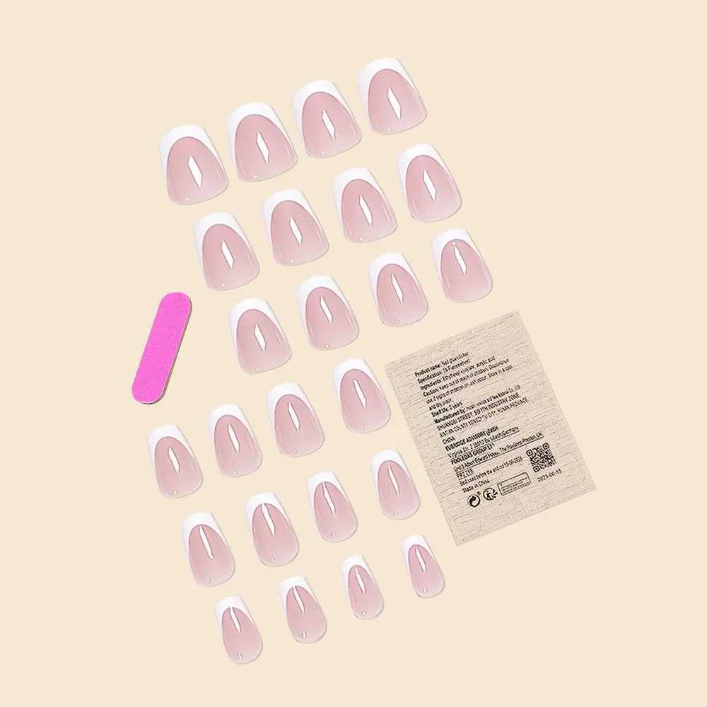 Fashion Trend Women 24 pieces/set Short Ballet Pink French White Border Full Coverage Wearable Fake Nail Press W240905