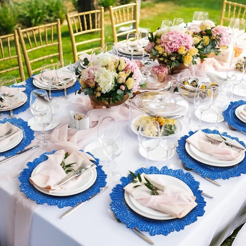 50 pieces of 13 inch bulk plastic charging boards with floral reef and circular ruffled edges for dinner charging 240905