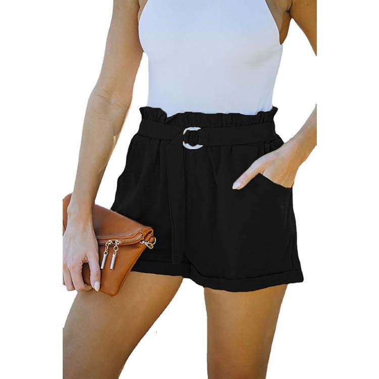 2024 Summer New Loose Strap Pocket Solid Color High Waist Casual Shorts for Women