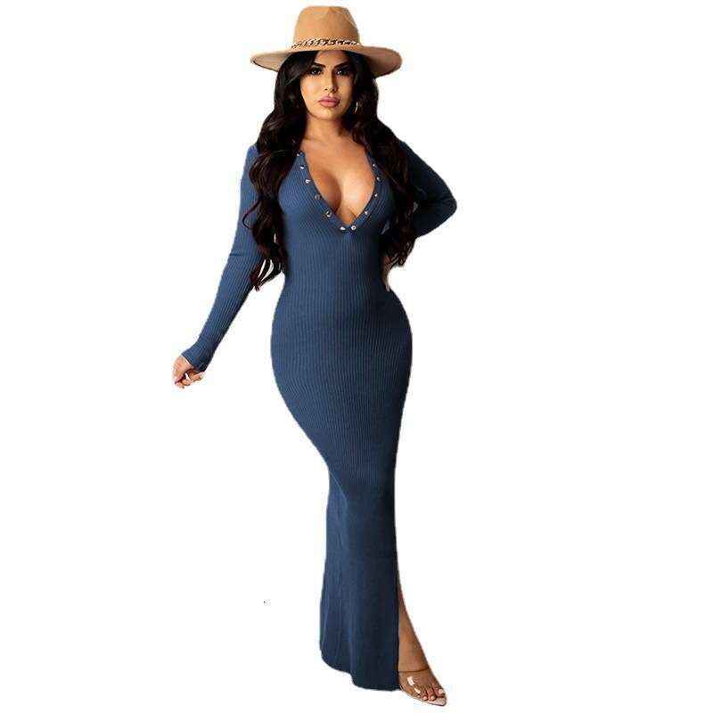 2023 new autumn, spring, and winter fashion for women's clothing, slim fit, concealed button, lapel, backless, sleeved, slit, long skirt