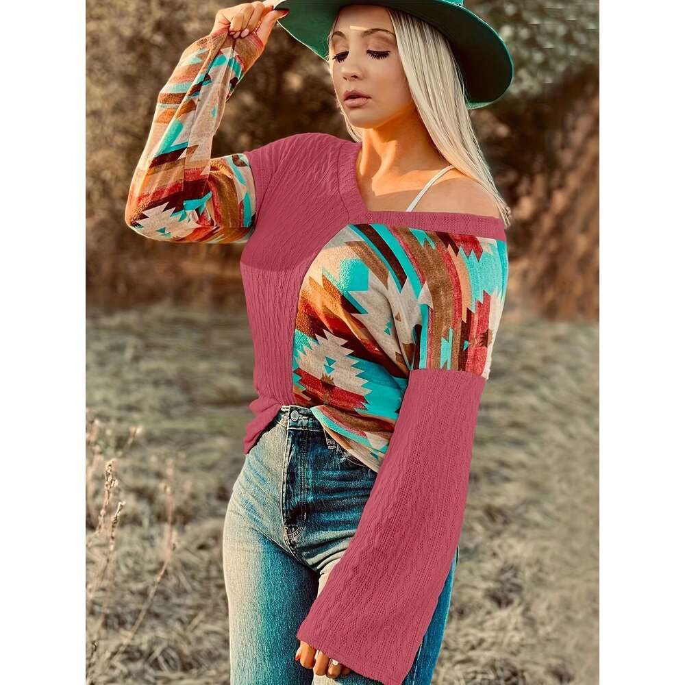 2024 Autumn/Winter New Knitted Hoodie Women's Personalized Splicing Printed Sweater Long Sleeve Women