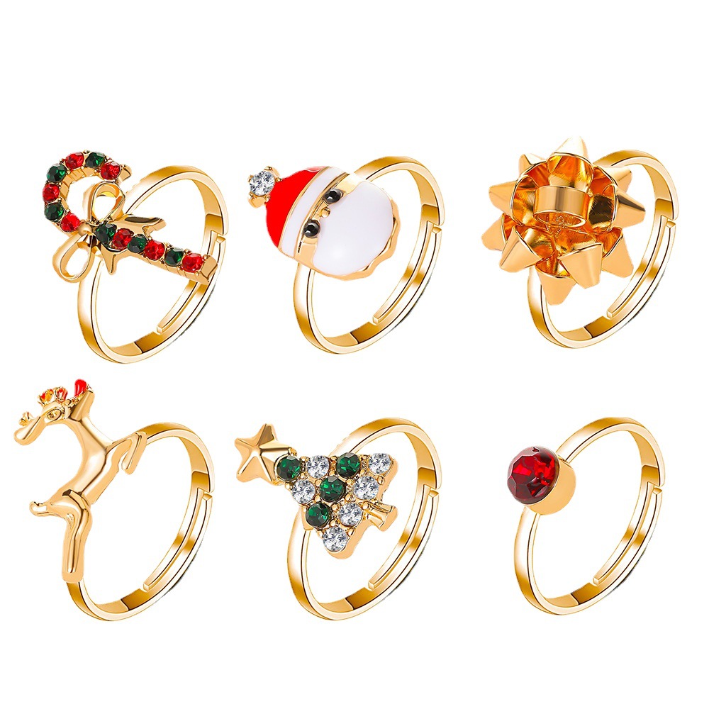 Christmas Moose Tree Charms - Charming Adjustable Finger Rings for Holidays, Includes Oil Drips Feature (6 Piece Set)