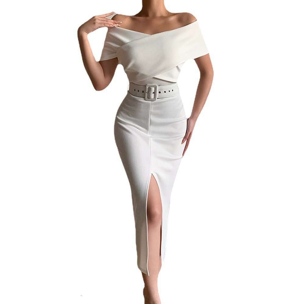 Spring summer elegant temperament commuting simple and light mature new style off shoulder belt slit skirt