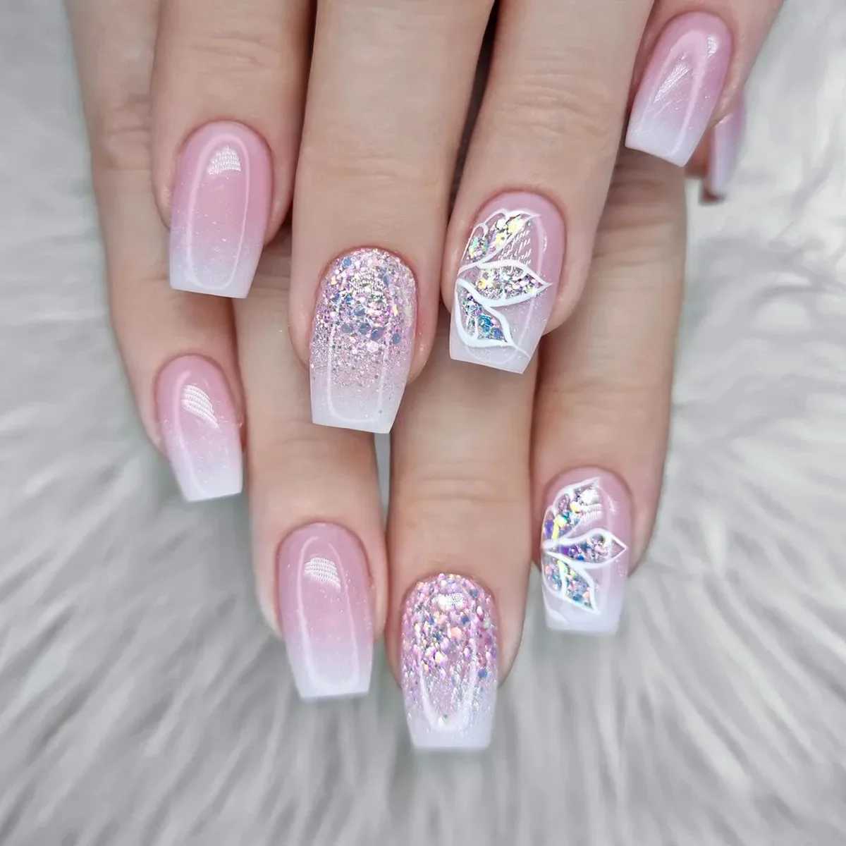 24 pieces pressed onto wearable fake nails pink gradient shimmer butterfly rhinestone fake nails fully covered acrylic nail tips W240905