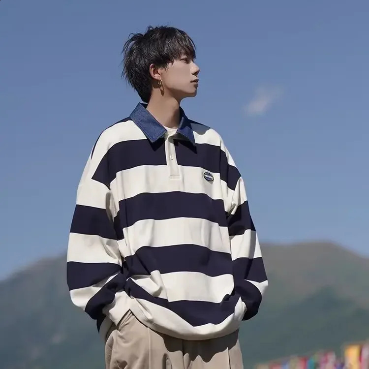Japanese Striped Lapel Sweatshirt For Men Casual Loose Fit Vintage Fashion Long Sleeve Polo Shirt Top Spring Autumn Trendy 240906