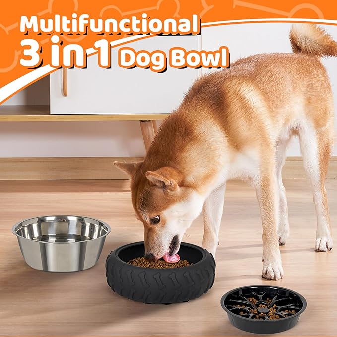 3 in 1 Stainless Steel Dog Bowls for Small, Medium & Large Sized Dogs, Slow Feeder Dog Bowl with Non-Slip Metal Suction Cups for Food and Water (Black