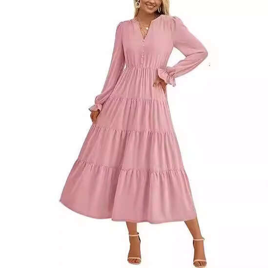 2024 autumn dress long sleeved V-neck layered ruffle hem flowing A-line cocktail party