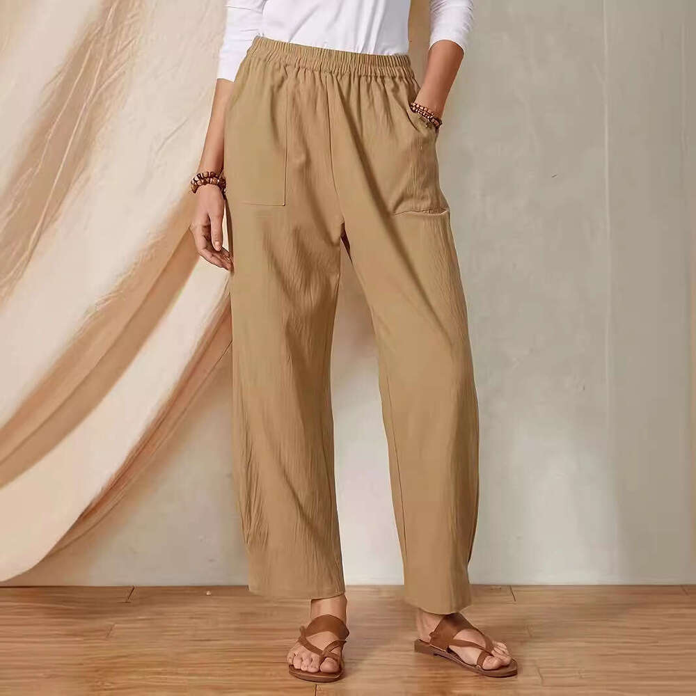 2024 Spring/Summer New Product Solid Color Pocket Elastic Waist Cotton Linen Loose Casual Wide Leg Pants for Women