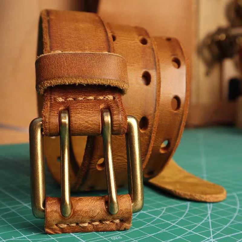 3.8cm mens denim belt mens casual retro luxury double claw pin copper buckle design real belt W240905