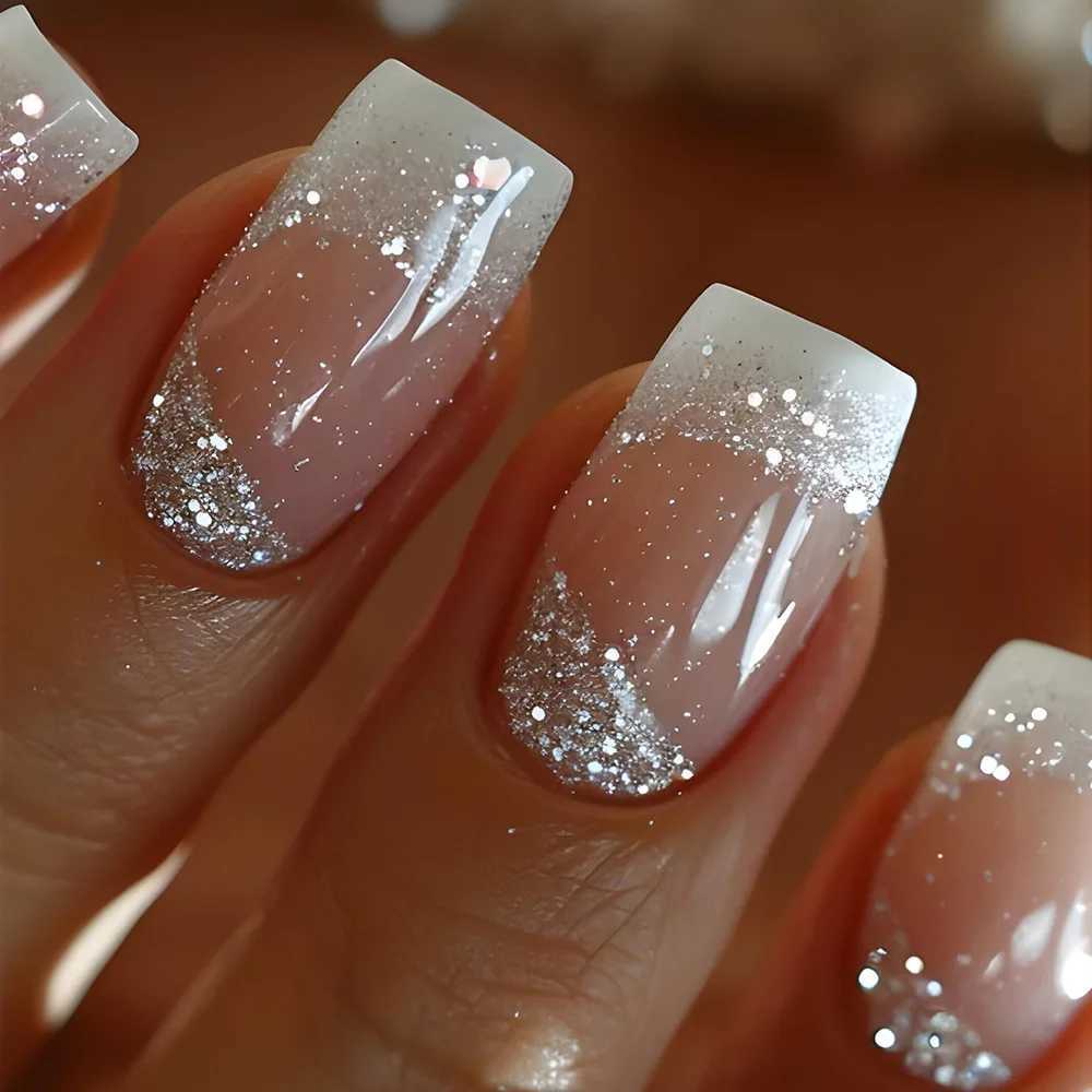 24pcs rectangular fake nails sparkling nail art white wearable fake nails silver French full set pressing nail tips W240905