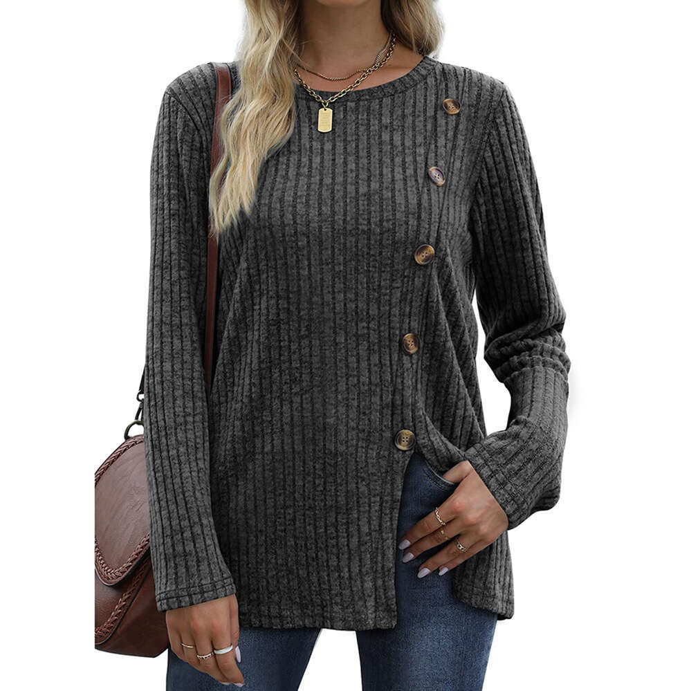 Button up women new fashionable autumn casual solid color long sleeved T-shirt for women