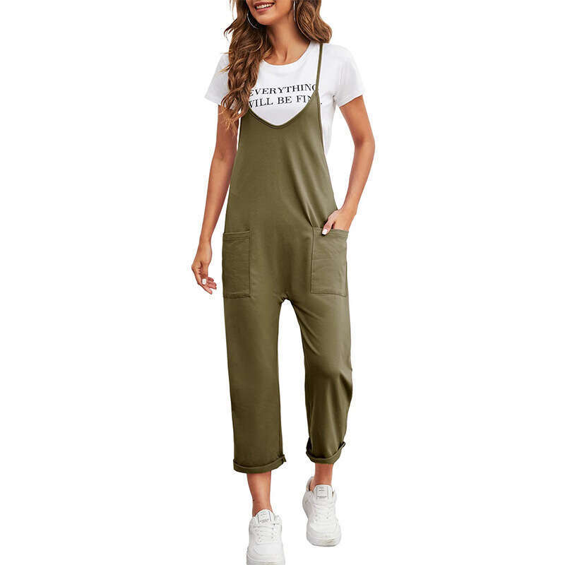 2024 Spring New Women's Casual Pocket Pants Solid Loose Strap Straight Jumpsuit